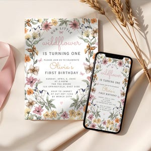ANY AGE Wildflower Birthday Invitation Garden Party Invite Girl 1st Birthday Pink Wild Flower Floral Spring Flowers Butterfly boho EDITABLE