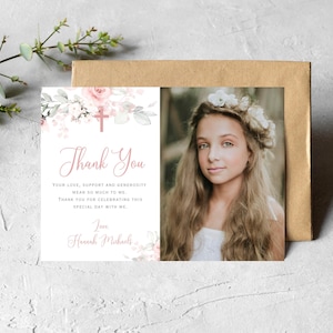 Rosa Mädchen Floral Erste Heilige Kommunion Dankeskartenvorlage mit Foto, bearbeitbare Blumen Taufe Mädchen Foto Dankeskarte