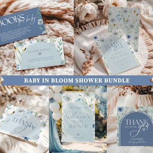Baby In Bloom Blue Baby shower Invitation Bundle, Wildflower Baby Shower Invite, Blue Floral Baby shower Boy, Spring Baby Shower Decor Ideas