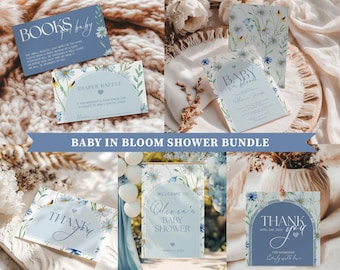 Baby In Bloom Blue Baby shower Invitation Bundle, Wildflower Baby Shower Invite, Blue Floral Baby shower Boy, Spring Baby Shower Decor Ideas