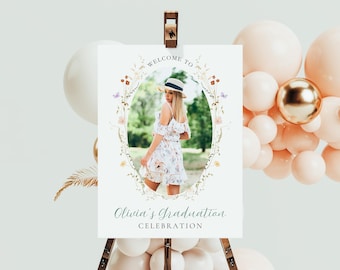 Wildflower Graduation Welcome Sign With Photo, Class of 2026, Grad Party Sign for easel, Graduation Yard Sign, Floral Graduation Poster