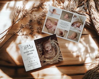 Plantilla de anuncio de nacimiento de recién nacido, tarjeta de nacimiento con foto imprimible, tarjeta de estadísticas de nacimiento, anuncio de nacimiento con imágenes
