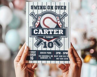 ANY AGE, Baseball Birthday Invitation, Blue and Red Baseball Birthday Party Invite, Baseball Invite, Instant Download Baseball Invitation