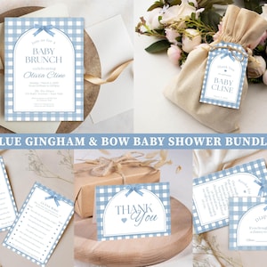 Blue Gingham Baby Shower Invitation, Blue Plaid Baby shower bundle, Gingham & Bow Baby Shower invite, DIY Canva Template BS0011