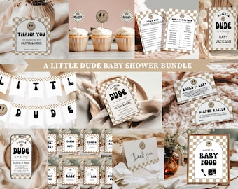 Op de afbeelding: Een verzameling baby shower decoraties in neutrale tinten. De set bevat cupcake toppers, banners, uitnodigingen en borden met de tekst "A Little Dude" en een smiley gezicht ontwerp. Het thema is een baby shower.