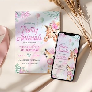 Giraffe Calling All Party Animals Birthday Invitation Wild Jungle Animal Zoo Safari Birthday Invite Digital Template, Pink Giraffe Party