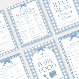 May include: A set of blue and white gingham baby shower game cards. The cards include games like "What's in Your Purse", "Guess the Baby Food", "Jelly Bean Guessing Game", "Baby Predictions", "Would She Rather", and "Guess Who".