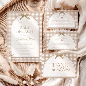 Beige Vichy-Babyparty-Einladungspaket, Beige Schleife-Babyparty-Einladung lädt ein, neutrale Babyparty, hellbraun karierte Babyparty-Windel-Verlosungskarten