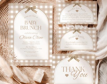 Beige Vichy-Babyparty-Einladungspaket, Beige Schleife-Babyparty-Einladung lädt ein, neutrale Babyparty, hellbraun karierte Babyparty-Windel-Verlosungskarten