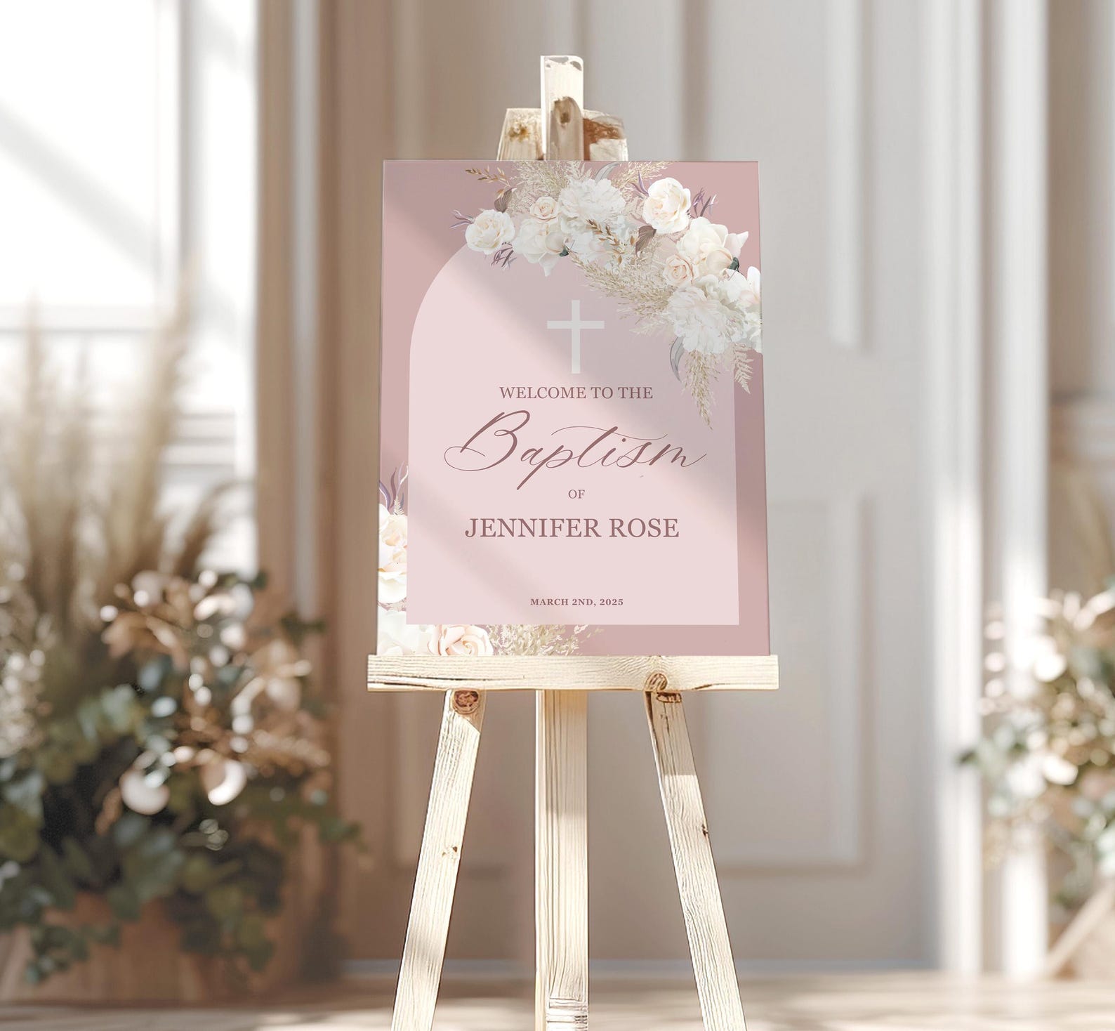 Elegant Baptism Welcome Sign, Editable Boho Mauve Pink Christening, 1st ...