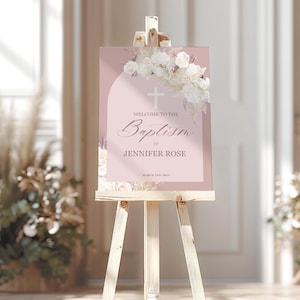 Elegante letrero de bienvenida para bautizo, letrero de entrada para bautizo de flores blancas para imprimir, letrero de bienvenida para bautizo de color rosa malva bohemio editable, primera comunión