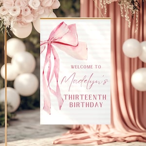 あらゆる年齢のピンクのリボンの誕生日ウェルカムサイン、ピンクのコケットリボンのサイン、13歳の誕生日入場サイン、ピンクのリボンのベビーシャワーウェルカムサイン