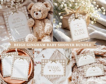 Beige Gingham-Babyparty-Einladung, Creme-Babyparty-Einladung, geschlechtsneutrale Babyparty einladen, Schleife-Babyparty, neutraler Baby-Brunch