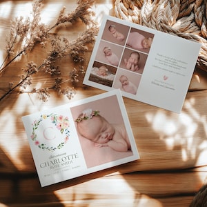 Faire-part de naissance floral, photo de faire-part de naissance bébé fille, faire-part d'arrivée de bébé, modèle de carte de bienvenue fleur de bébé