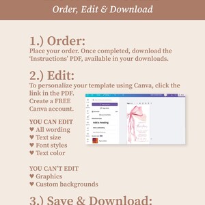 May include: A beige graphic with the text "HOW IT WORKS" and instructions for ordering, editing, and downloading a template. The instructions include steps for using Canva to personalize the template, with options to edit wording, text size, font styles, and text color.