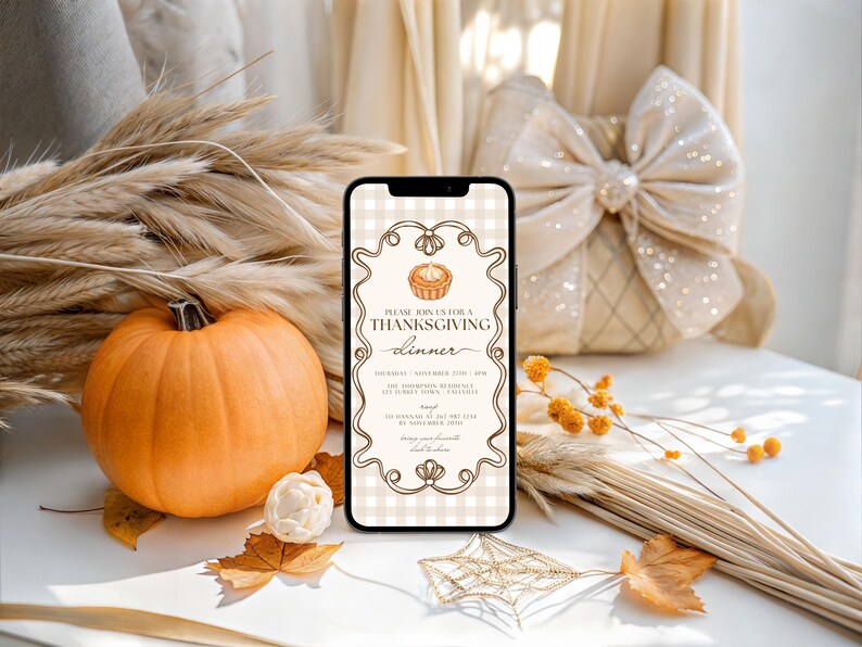 Mall för digital inbjudan till Thanksgiving-middag, inbjudan till låt oss samlas, sms-telefoninbjudan till Friendsgiving, höstträff, Canva bild 4