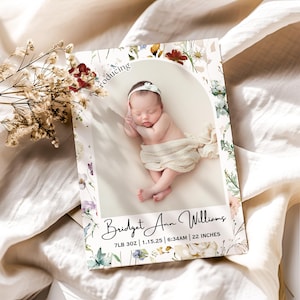 Faire-part de naissance nouveau-né fleurs sauvages, faire-part photo bébé fille, statistiques florales de naissance nouveau-né, carte de naissance imprimable pour petite fille