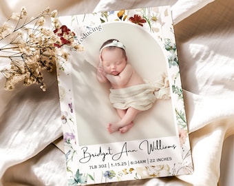 Wildflower Newborn Birth Announcement, Baby Girl photo Announcement card, Floral newborn birth stats, Printable Birth Card for baby Girl