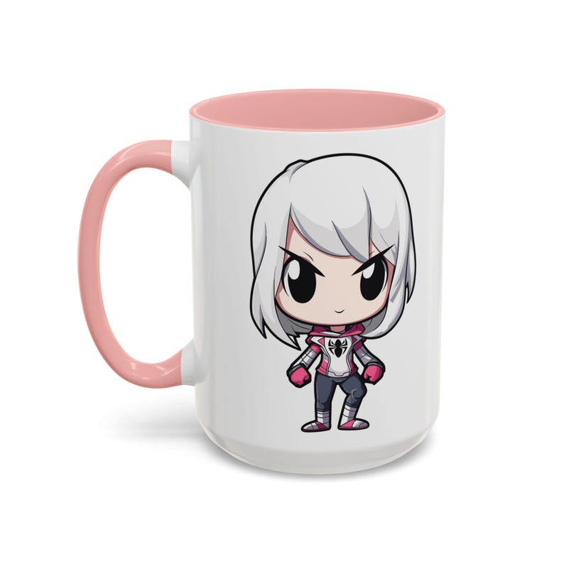 Left Side - 15oz - Pink Mug - Ceramic mug featuring Spider-Gwen in her iconic white and pink suit, complete with web accents and dynamic design, perfect for Marvel fans and Spider-Verse enthusiasts.