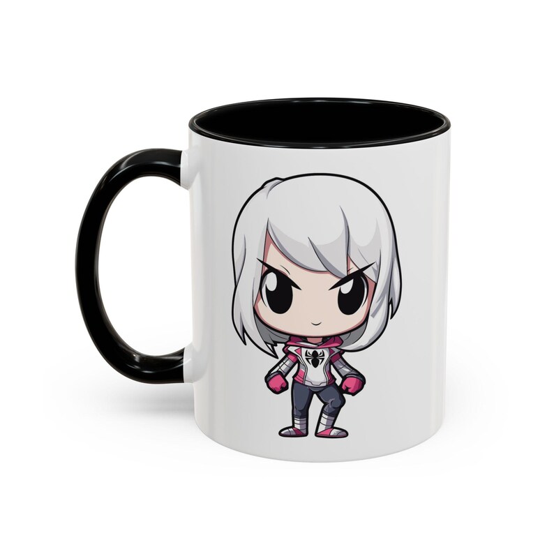 Left Side - Ceramic mug featuring Spider-Gwen in her iconic white and pink suit, complete with web accents and dynamic design, perfect for Marvel fans and Spider-Verse enthusiasts.