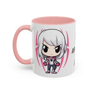 Left Side-Pink Mug-Spider-Gwen (Ghost-Spider) mug featuring a graphic of Spider-Gwen in her iconic white and pink suit. The design includes the phrase 'Web-Slinging with Style' in bold text, Perfect for Marvel fans and Spider-Gwen enthusiasts.