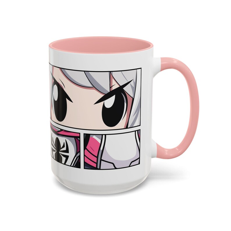 Right Side - 15oz - Pink Mug - Ceramic mug featuring Spider-Gwen in her iconic white and pink suit, complete with web accents and dynamic design, perfect for Marvel fans and Spider-Verse enthusiasts.