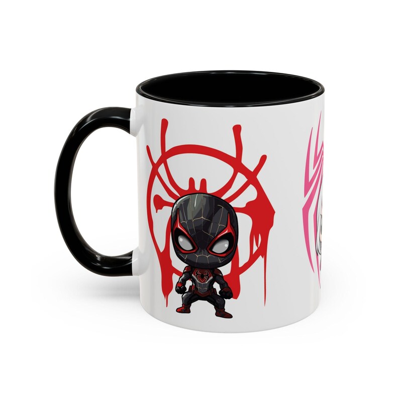 Left Side-Black Mug-Team Spidey mug featuring Spider-Man and his fellow heroes from the Spider-Verse. The vibrant design showcases Spider-Man alongside other beloved characters, with bold, colorful graphics. Perfect for Marvel and Spider-Man fans