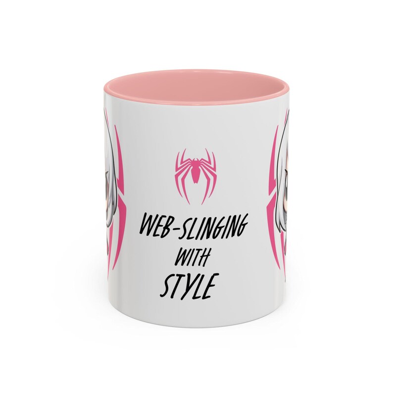 Center-Pink Mug-Spider-Gwen (Ghost-Spider) mug featuring a graphic of Spider-Gwen in her iconic white and pink suit. The design includes the phrase 'Web-Slinging with Style' in bold text, Perfect for Marvel fans and Spider-Gwen enthusiasts.