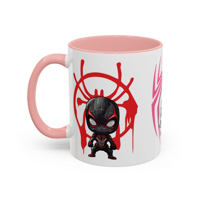Left Side-Pink Mug-Team Spidey mug featuring Spider-Man and his fellow heroes from the Spider-Verse. The vibrant design showcases Spider-Man alongside other beloved characters, with bold, colorful graphics. Perfect for Marvel and Spider-Man fans