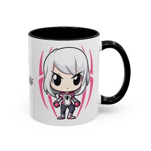 Right Side-Black Mug-Spider-Gwen (Ghost-Spider) mug featuring a graphic of Spider-Gwen in her iconic white and pink suit. The design includes the phrase 'Web-Slinging with Style' in bold text, Perfect for Marvel fans and Spider-Gwen enthusiasts.