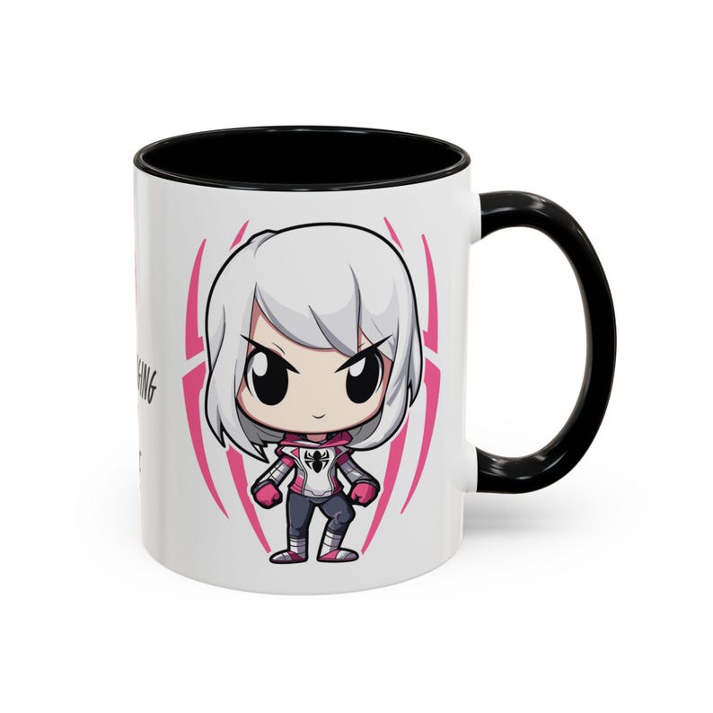 Right Side-Black Mug-Spider-Gwen (Ghost-Spider) mug featuring a graphic of Spider-Gwen in her iconic white and pink suit. The design includes the phrase 'Web-Slinging with Style' in bold text, Perfect for Marvel fans and Spider-Gwen enthusiasts.