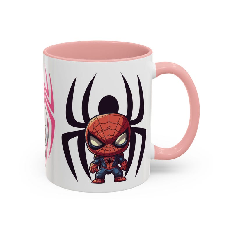 Right Side-Pink Mug-Team Spidey mug featuring Spider-Man and his fellow heroes from the Spider-Verse. The vibrant design showcases Spider-Man alongside other beloved characters, with bold, colorful graphics. Perfect for Marvel and Spider-Man fans