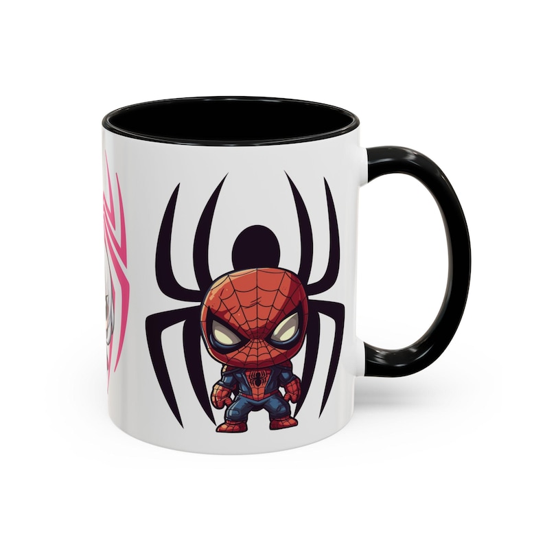 Right Side-Black Mug-Team Spidey mug featuring Spider-Man and his fellow heroes from the Spider-Verse. The vibrant design showcases Spider-Man alongside other beloved characters, with bold, colorful graphics. Perfect for Marvel and Spider-Man fans
