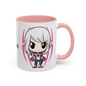 Right Side-Pink Mug-Spider-Gwen (Ghost-Spider) mug featuring a graphic of Spider-Gwen in her iconic white and pink suit. The design includes the phrase 'Web-Slinging with Style' in bold text, Perfect for Marvel fans and Spider-Gwen enthusiasts.