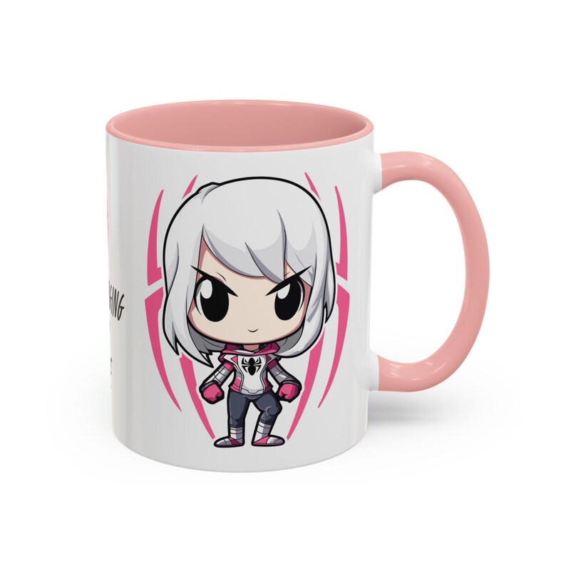 Right Side-Pink Mug-Spider-Gwen (Ghost-Spider) mug featuring a graphic of Spider-Gwen in her iconic white and pink suit. The design includes the phrase 'Web-Slinging with Style' in bold text, Perfect for Marvel fans and Spider-Gwen enthusiasts.