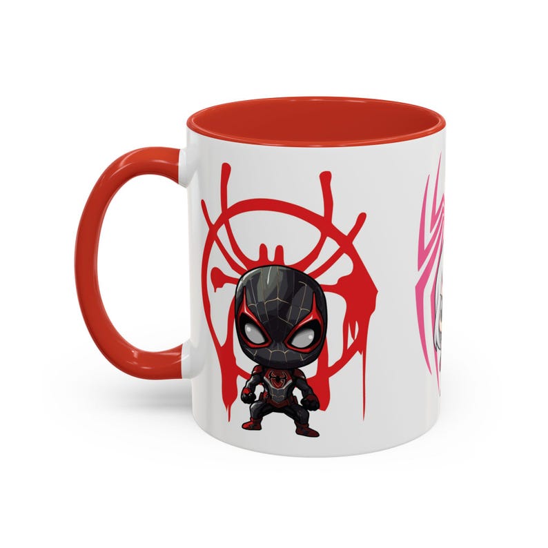 Left Side-Red Mug-Team Spidey mug featuring Spider-Man and his fellow heroes from the Spider-Verse. The vibrant design showcases Spider-Man alongside other beloved characters, with bold, colorful graphics. Perfect for Marvel and Spider-Man fans