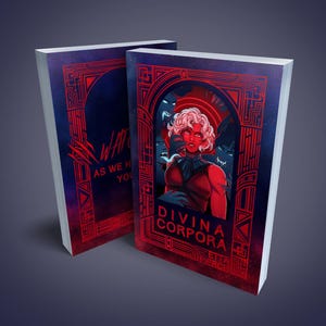 May include: Two hardcover books with red and blue covers. The front cover of one book features a red-skinned woman with white hair and the title "DIVINA CORPORA." The other book has the text "WAR" and "AS WE HAVE YOU."