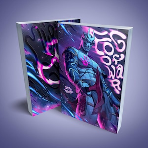 May include: Two hardcover books with a fantasy illustration. One book features a blue-skinned warrior with a red sash and the text "Gods of War." The other book has abstract pink and blue designs against a dark background.