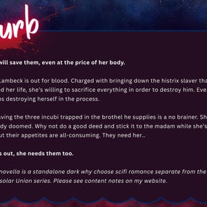 May include: A digital book cover with a dark blue and red background. The title "Blurb" is in white script with a red splatter effect. Text describes a dark sci-fi romance novella about sacrifice and survival.