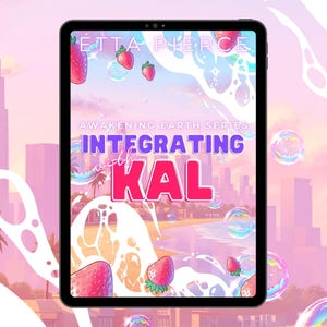 May include: A digital tablet displays the book cover for "Integrating with Kal" from the "Awakening Earth Series" by Etta Pierce. The cover art features strawberries, bubbles, and a cityscape in shades of pink and purple.