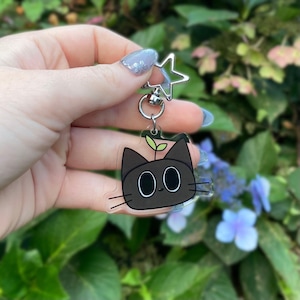 Peut inclure: Un porte-clés en acrylique transparent représentant une tête de chat brun foncé avec de grands yeux noirs, une petite pousse verte sur le dessus et trois moustaches noires de chaque côté. Le charme est fixé à un fermoir étoile en métal argenté.