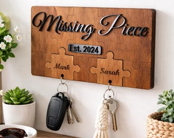 Personalized Puzzle Key Holder | Custom Wood Keychain Set | New Home Gift | No-Drill