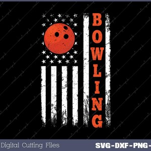 May include: An American flag with a red bowling ball in the center and the word "BOWLING" written vertically on the right side of the flag.