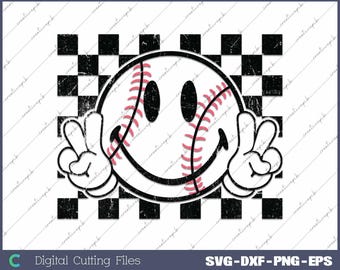 Retro Checkered Baseball Smiley Face PNG SVG - Game Day Design (Digital File)