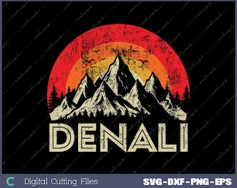May include: A retro-style graphic design featuring a mountain range with a sunset behind it. The text "DENALI" is in a distressed font below the mountains.