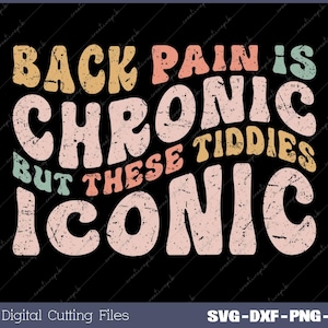 Puede incluir: Un diseño gráfico colorido con el texto "Back pain is chronic but these tiddies are iconic". El texto está en un estilo retro con un aspecto desgastado.