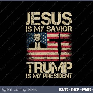 Può includere: Un design digitale con una bandiera americana usurata con il testo "Gesù è il mio salvatore, Trump è il mio presidente".