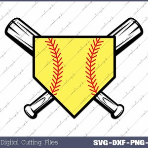 May include: Black and white illustration of two crossed baseball bats with a yellow softball home plate in the center. The softball has red stitching.