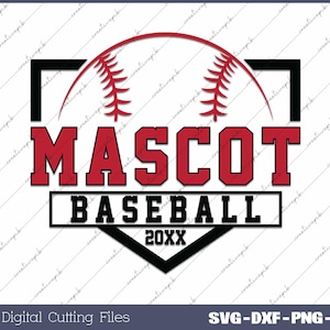 Pode incluir: Um gráfico de diamante de beisebol em preto e branco com uma bola de beisebol vermelha dentro. O texto "MASCOT BASEBALL 20XX" está em preto e vermelho.