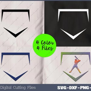 May include: Four digital cutting files for a baseball home plate design. The files are in SVG, DXF, PNG, and EPS formats. The design features a baseball player hitting a ball.